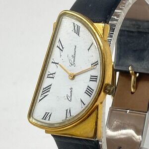 Vintage Guillaume Half Moon Watch Women Gold Tone Swiss Made New Battery 8"